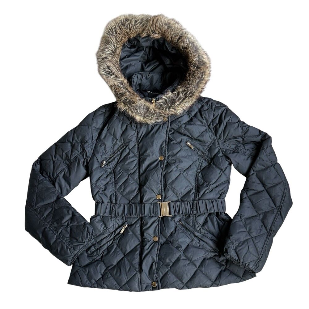 EXPRESS Black Quilted Down Puffer Jacket Coat Belted Faux Fur Hood Y2K Glam L